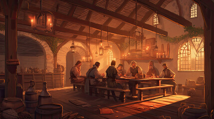 Medieval tavern at sunset - Illustration featuring generative AI - obrazy, fototapety, plakaty