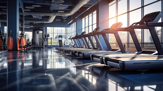 Interior of modern gym fitness room with large windows and treadmills