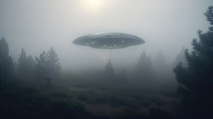 Fototapeta na wymiar UFOs Emerging from Dense Fog
