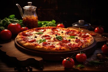 Obraz na płótnie Canvas Pizza food photos, world class photography, top lighting, ray tracing, full frame photography, best quality food