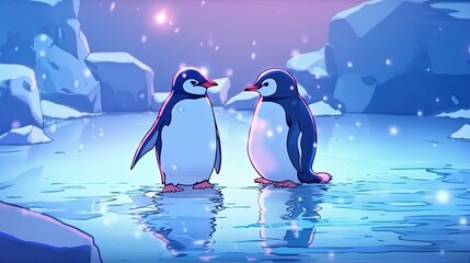 Cute penguins sliding on ice . Fantasy concept , Illustration painting.