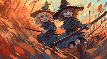 Cute little witches riding on broomsticks . Fantasy concept , Illustration painting.