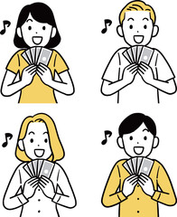 お札を広げる人々