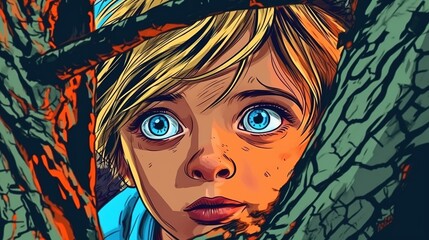 Curious child exploring a forest . Fantasy concept , Illustration painting.