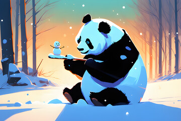 a panda who makes a snowman. Generative AI
