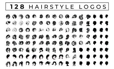 128 vector illustrations of woman with beautiful hair. Hairstyle logotype