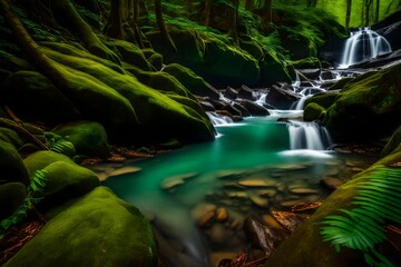 A stunning photo captures the allure of a clean cascade, its waters flowing gently amidst the lush greenery of the shore generative ai technology
