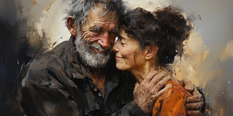a painting of two elderly people are hugging, generative AI