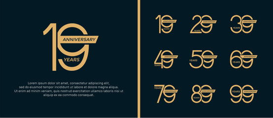 set of anniversary logo flat gold color and ribbon on black background for celebration moment