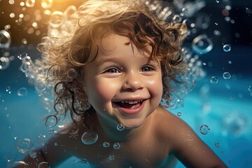 close up portrait of young boy swimming in pool with water splash, generative Ai

Keywords language: English