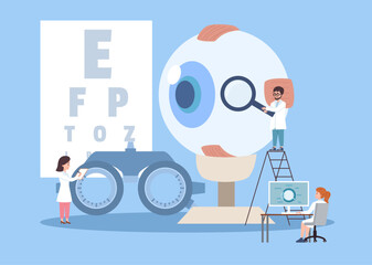 Tiny doctors and huge eye and check devices flat style, vector illustration