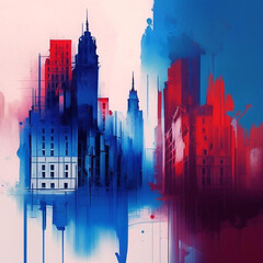 City scape watercolor painting in red, purple and blue colors. Abstract buildings in city on watercolor painting.