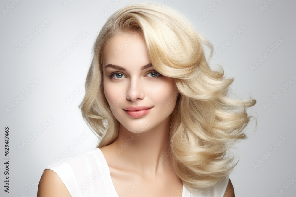 Wall mural Stylish fictional blonde woman close-up portrait for a hair salon.  Beautiful hairstyle, isolated on a plain background. Generative AI.