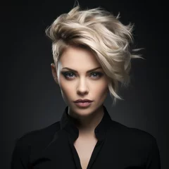 Tuinposter Stylish fictional blonde punk woman close-up portrait for a hair salon.  Beautiful hairstyle, isolated on a plain background. Generative AI. © Tuyres