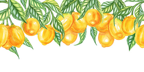 Watercolor lemons endless seamless horizontal border. Yellow citrus fruits on branches with leaves and flowers. Mediterranean style background