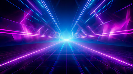 Psychedelic Abstract Futuristic Neon. Fluorescent Sci Fi. Glow Laser Showcase Stage Dark Room. Retro Modern