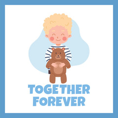 Happy blond boy hugging teddy bear toy, favorite childrens toy, entertainment cartoon vector poster in blue frame