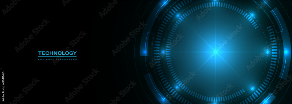 Poster blue abstract digital technology circle interface wide vector background.