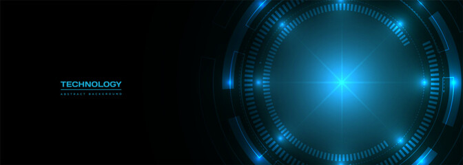 Blue abstract digital technology circle interface wide vector background.