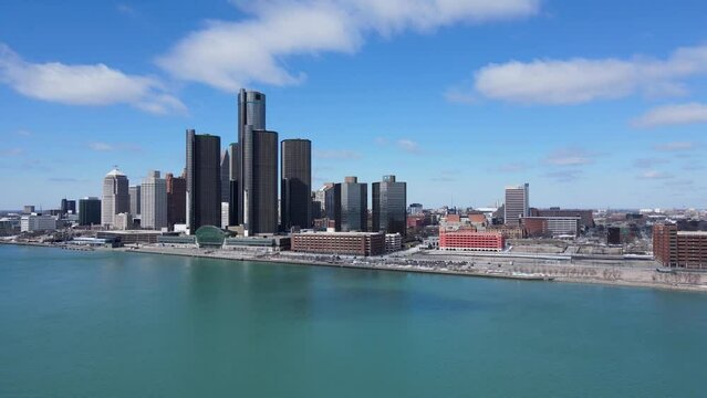 Downtown Detroit with the Renaissance Center in winter, aerial ascend view