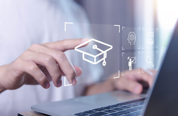 Training seminar course concept e-learning on laptop computer online internet education lessons web communication business	
