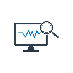 Business Data Analysis Icon. With Computer and Magnifying Glass Symbols. Editable Flat Vector Illustration.