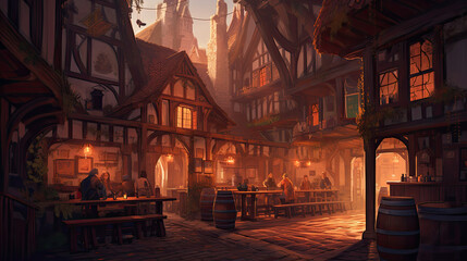 Medieval tavern at sunset - Illustration featuring generative AI