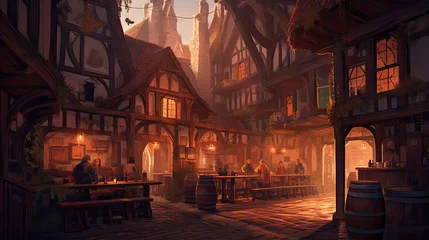 Fotobehang Medieval tavern at sunset - Illustration featuring generative AI © Maxim