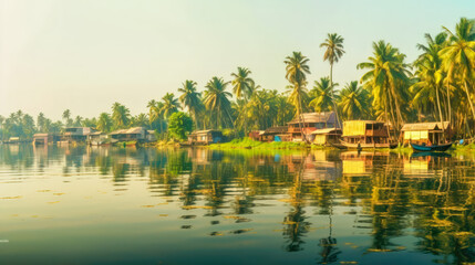 Kerala Tourism A Hazy and Beautiful River Scene with Thatched Houseboats and Palm Trees AI Generated - obrazy, fototapety, plakaty