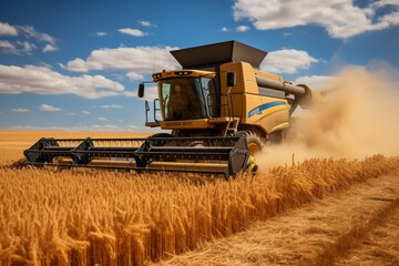 Obraz premium Combine Harvester In Action During The Harvest Time, Generative AI