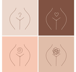 Female body and women's hygiene and health concept. Menopause, Gynecology and care for women's sexual health. Maternity and pregnancy sign. Illustration in cartoon style - obrazy, fototapety, plakaty