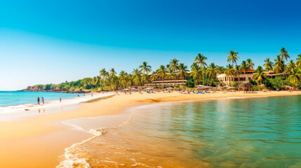 Tropical Paradise A Sunny Day on the Beach with Palm Trees and White Resort in Goa India AI Generated