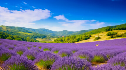 Obraz premium Purple Lavender Flowers in Green Hills and Trees Blooming Lavender Field in Warm and Peaceful Scene AI Generated