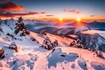 At the summit of a snow-capped mountain, the sunrise paints the sky in a breathtaking display of fiery colors generative ai technology
