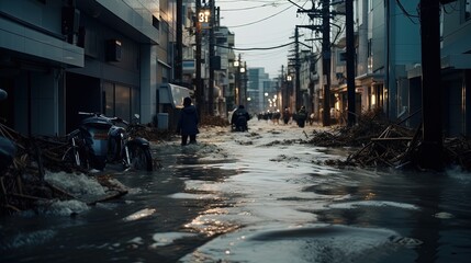 water flood in Asian urban cityscape, Generative Ai - obrazy, fototapety, plakaty