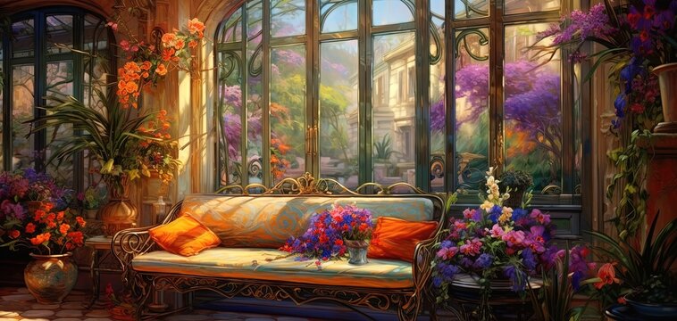 painting style illustration of sofa in greenhouse with flower and plants, Generative Ai