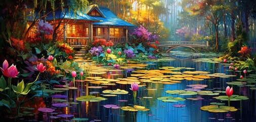 painting style illustration of wooden house in tropical forest beside waterlily pond, Generative Ai