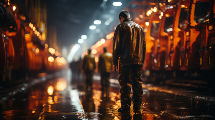 Abstract, blurry, bokeh background, image for the background. People in overalls in production generative ai