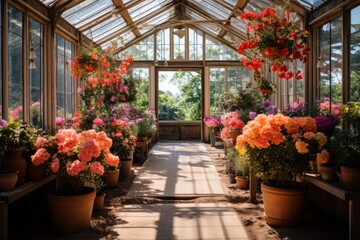 Fototapeta na wymiar Greenhouse Filled With Vibrant Flowers, Generative AI