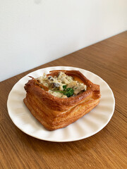 beautiful delicious western cafe halal food brunch menu flower sakura pink lemon hot tea cup w mushroom croissant pastry dessert and rose cappuccino on wood table