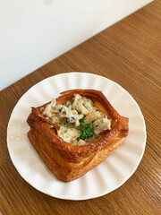 beautiful delicious western cafe halal food brunch menu flower sakura pink lemon hot tea cup w mushroom croissant pastry dessert and rose cappuccino on wood table