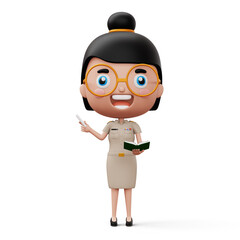 Happy thai teacher wearing civil servant uniform holding a white chalk and a book, 3d rendering