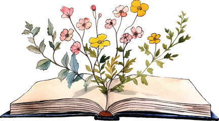 Vector watercolor painting of flowers growing from an old open book, hand-painted isolated on a white background. - obrazy, fototapety, plakaty