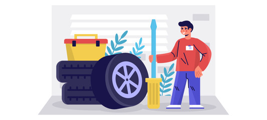 Mechanic holding screwdriver and ready to fix machines in workshop. Car repair, wheel replacement and auto parts. Tire fitting service. Flat vector illustration in cartoon style in blue and red color