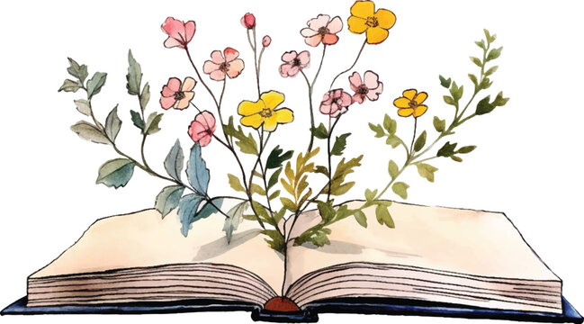 Vector watercolor painting of flowers growing from an old open book, hand-painted isolated on a white background.