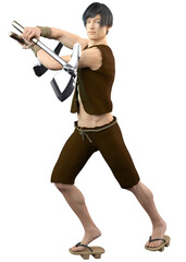 3D Asian man with axes