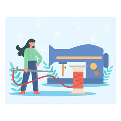 Woman holds needle and thread and stands near large sewing machine. Young female holds needle and ready to sew detail. Home sewing concept. Flat vector illustration in cartoon style in blue colors