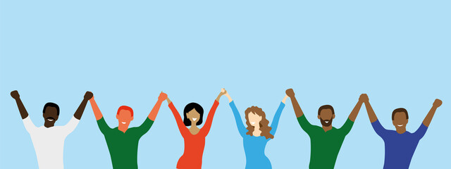 People holding hands. Community, union, team or friendship concept. Men and women. Flat style. 