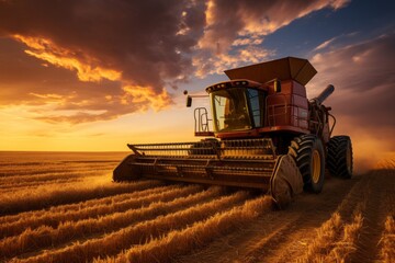 Fototapeta premium Wheat Field At Sunset With A Combine Harvester, Generative AI