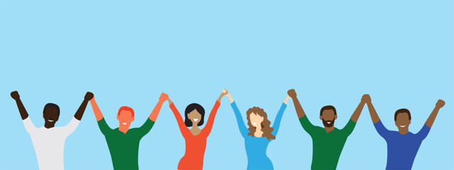People holding hands. Community, union, team or friendship concept. Men and women. Flat style. Vector illustration